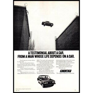 1974 Fiat 124 Sedan Vintage Print Ad Jumping Buildings Man Cave Italy Wall Art